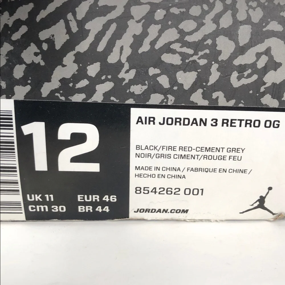 Nike Air Jordan 3 Retro 2018 Black Cement 854262-001 Men’s Sneakers - Size 12 - Picture 2 of 14